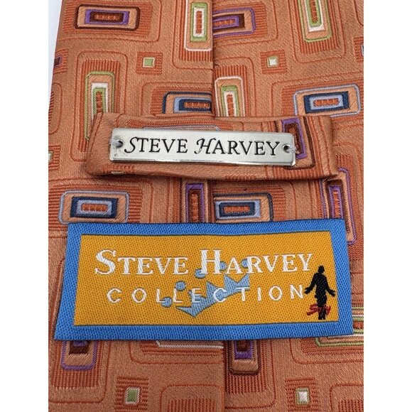 Orange 100% Silk Necktie Steve Harvey Collection Designer Geometric Long 62" GUC - Picture 4 of 6